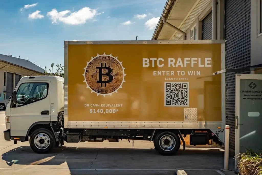 BTC Raffle box truck side angle full vehicle signage wrap for promotional advertising in Sydney